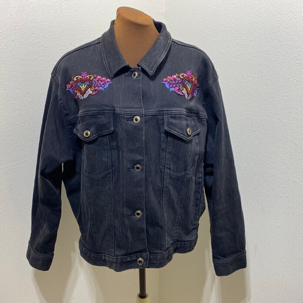 Stefano International Embroidered Beaded Black Denim Jacket Size 22/24